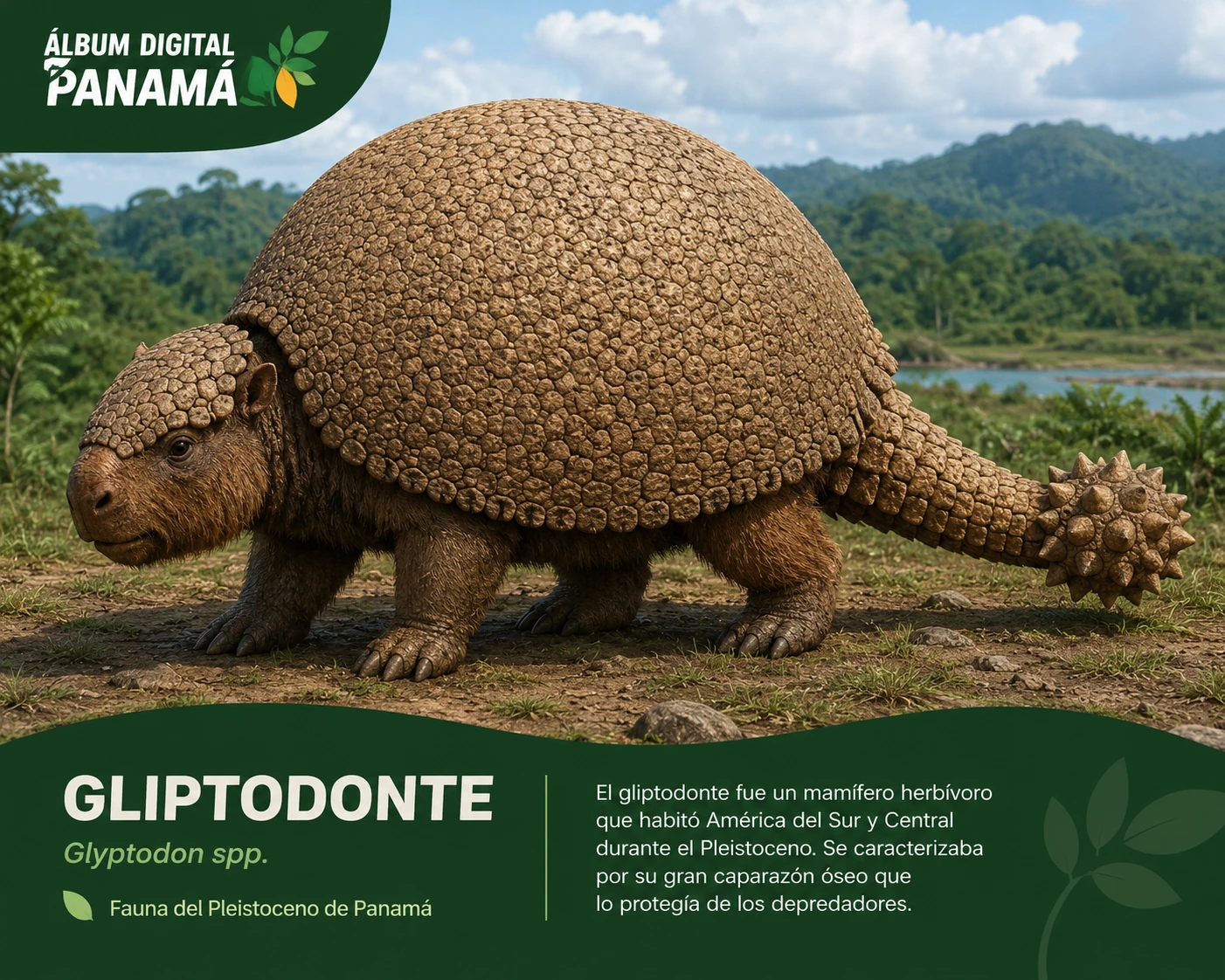 Gliptodonte prehistórico de Panamá, ilustración para figurita coleccionable de la colección Panamá Prehistórica