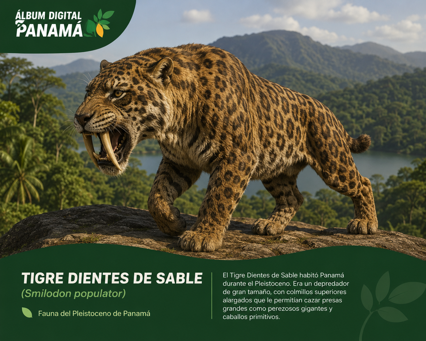 Dientes de Sable prehistóricos de Panamá, ilustración para figurita coleccionable de la colección Panamá Prehistórica